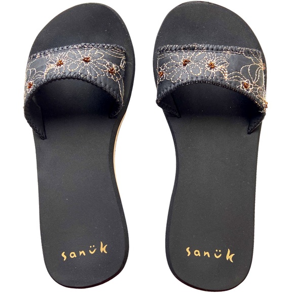 Sanuk Shoes - Sanuk Black Cream Brown Flip Flop Slides Floral Embroidery Beaded Size 7